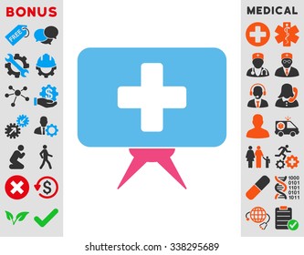 Health Care Presentation vector icon with bonus. Style is bicolor flat symbol, pink and blue colors, rounded angles, white background.