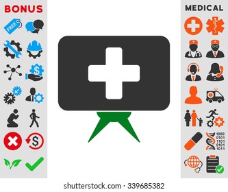 Health Care Presentation vector icon with bonus. Style is bicolor flat symbol, green and gray colors, rounded angles, white background.