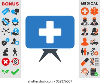 Health Care Presentation vector icon. Style is bicolor flat symbol, smooth blue colors, rounded angles, white background.