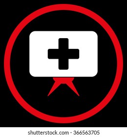 Health Care Presentation vector icon. Style is bicolor flat circled symbol, red and white colors, rounded angles, black background.