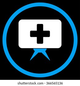 Health Care Presentation vector icon. Style is bicolor flat circled symbol, blue and white colors, rounded angles, black background.