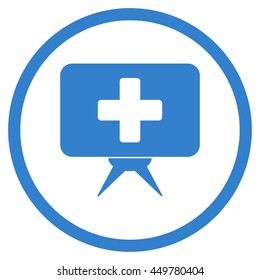 Health Care Presentation vector icon. Style is flat circled symbol, cobalt color, rounded angles, white background.