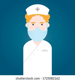 Health Care Professional Worker. Man. Nurse In White Uniform With Breathing Mask, Hair Cap And Name Badge. Vector Character.