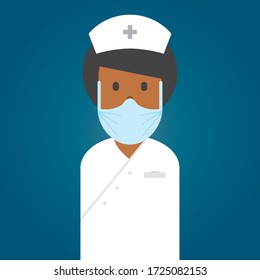 Health Care Professional Worker. Woman. Nurse In White Uniform With Breathing Mask, Hair Cap And Name Badge. 
 Vector Character.