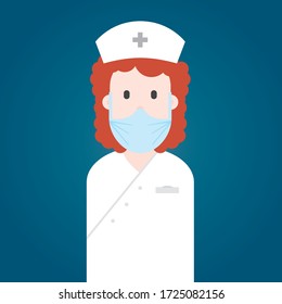 Health Care Professional Worker. Woman. Nurse In White Uniform With Breathing Mask, Hair Cap And Name Badge. 
 Vector Character.