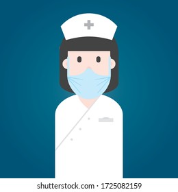 Health Care Professional Worker. Woman. Nurse In White Uniform With Breathing Mask, Hair Cap And Name Badge. 
 Vector Character.