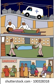 Health care professionals in action in a scene featuring ambulance, medics, stretcher and hospital waiting room with patients