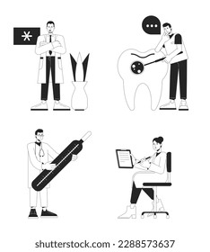 Health care professionals bw concept vector spot illustrations pack. Specialist 2D flat line monochromatic cartoon characters on white for web UI design. Editable hero image for landing, mobile header