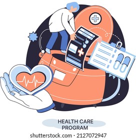 Health care program metaphor, online medical services, protection medicine. Medical insurance, hospital services, preventive check up, sick leave certificate treatment diagnosis patients, telemedicine