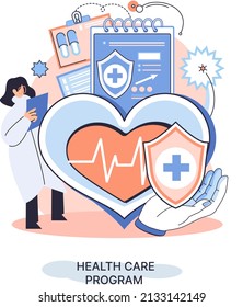 Health care program metaphor, online medical services, protection medicine. Medical insurance, hospital services, preventive check up, sick leave certificate treatment diagnosis patients, telemedicine