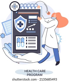 Health care program metaphor, online medical services, protection medicine. Medical insurance, hospital services, preventive check up, sick leave certificate treatment diagnosis patients, telemedicine