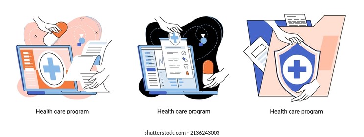 Health care program metaphor, online medical services, protection medicine. Medical insurance, hospital services, preventive check up, sick leave certificate treatment diagnosis patients, telemedicine