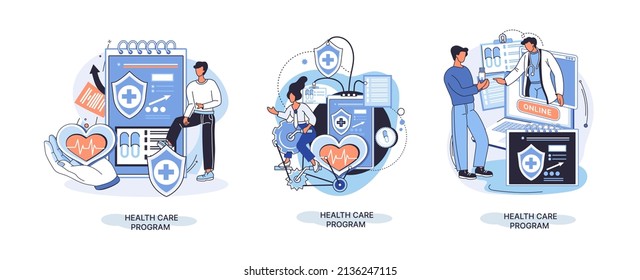 Health care program metaphor, online medical services, protection medicine. Medical insurance, hospital services, preventive check up, sick leave certificate treatment diagnosis patients, telemedicine