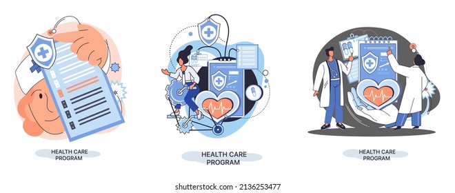 Metáfora del programa de salud, servicios médicos en línea, medicina de protección. Seguro médico, servicios hospitalarios, control preventivo, pacientes con diagnóstico de tratamiento con certificado de baja por enfermedad, telemedicina