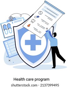 Metáfora del programa de salud, servicios médicos en línea, medicina de protección. Seguro médico, servicios hospitalarios, control preventivo, pacientes con diagnóstico de tratamiento con certificado de baja por enfermedad, telemedicina