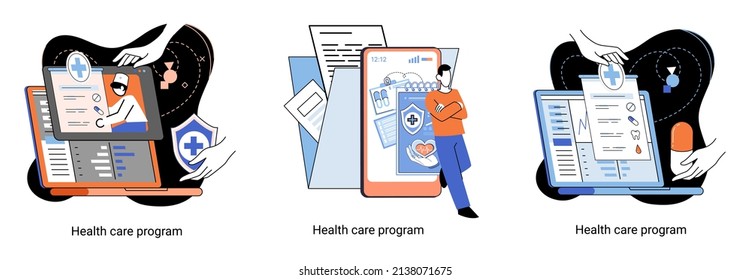 Health care program metaphor, online medical services, protection medicine. Medical insurance, hospital services, preventive check up, sick leave certificate treatment diagnosis patients, telemedicine