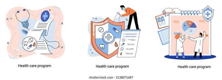 Health care program metaphor, online medical services, protection medicine. Medical insurance, hospital services, preventive check up, sick leave certificate treatment diagnosis patients, telemedicine