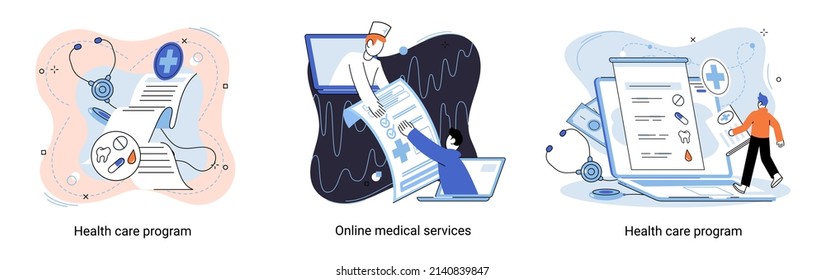 Health care program metaphor, online medical services, protection medicine. Medical insurance, hospital services, preventive check up, sick leave certificate treatment diagnosis patients, telemedicine