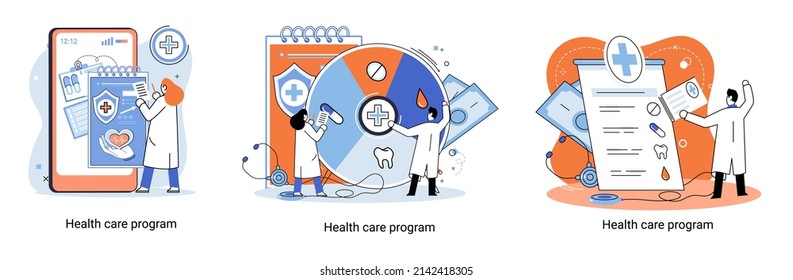 Health care program metaphor, online medical services, protection medicine. Medical insurance, hospital services, preventive check up, sick leave certificate treatment diagnosis patients, telemedicine