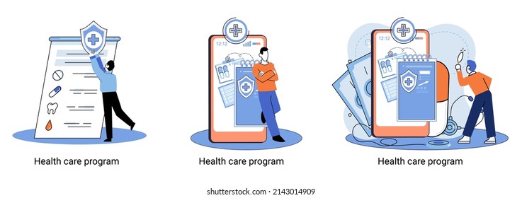 Health care program metaphor, online medical services, protection medicine. Medical insurance, hospital services, preventive check up, sick leave certificate treatment diagnosis patients, telemedicine