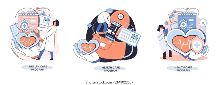 Health care program metaphor, online medical services, protection medicine. Medical insurance, hospital services, preventive check up, sick leave certificate treatment diagnosis patients, telemedicine