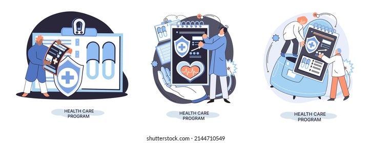 Health care program metaphor, online medical services, protection medicine. Medical insurance, hospital services, preventive check up, sick leave certificate treatment diagnosis patients, telemedicine