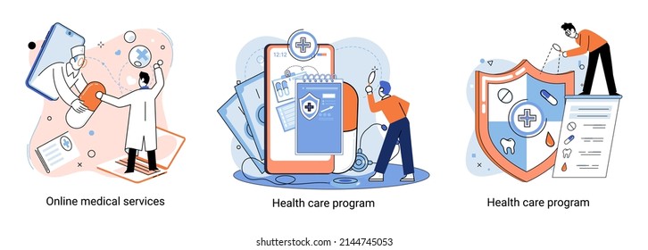 Health care program metaphor, online medical services, protection medicine. Medical insurance, hospital services, preventive check up, sick leave certificate treatment diagnosis patients, telemedicine
