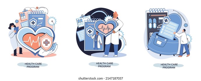 Metáfora del programa de salud, servicios médicos en línea, medicina de protección. Seguro médico, servicios hospitalarios, control preventivo, pacientes con diagnóstico de tratamiento con certificado de baja por enfermedad, telemedicina