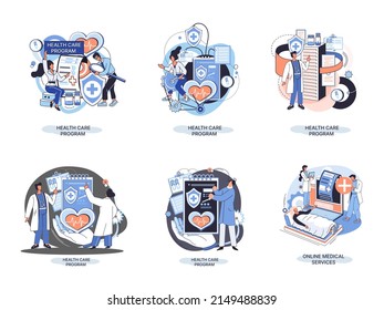 Health care program metaphor, online medical services, protection medicine. Medical insurance, hospital services, preventive check up, sick leave certificate treatment diagnosis patients, telemedicine