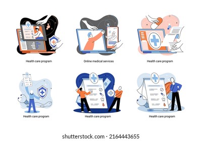 Health care program metaphor, online medical services, protection medicine. Medical insurance, hospital services, preventive check up, sick leave certificate treatment diagnosis patients, telemedicine