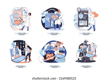 Health care program metaphor, online medical services, protection medicine. Medical insurance, hospital services, preventive check up, sick leave certificate treatment diagnosis patients, telemedicine