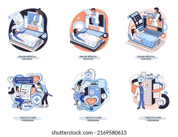 Health care program metaphor, online medical services, protection medicine. Medical insurance, hospital services, preventive check up, sick leave certificate treatment diagnosis patients, telemedicine