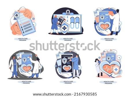 Health care program metaphor, online medical services, protection medicine. Medical insurance, hospital services, preventive check up, sick leave certificate treatment diagnosis patients, telemedicine