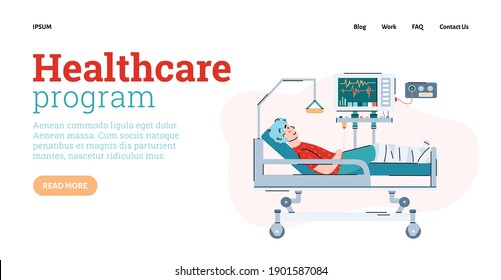 Website des Gesundheitsprogramms Vorlage mit Patient im Krankenhausbett, flache Cartoon Vektorgrafik. Behandlung und Unterstützung in einer Gesundheitseinrichtung.