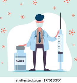 Health care and protection. Doctor and syringe with a vaccine bottle. Medical treatment. Flat vector illustration.