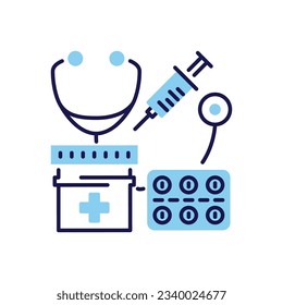 Health Care related vector thin line icon. Stethoscope, pills, medicine jar and syringe. Isolated on black background. Editable stroke. Vector illustration