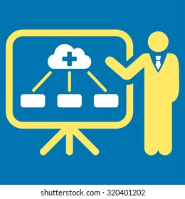Health Care Report vector icon. Style is bicolor flat symbol, yellow and white colors, rounded angles, blue background.