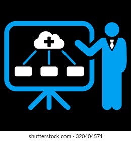 Health Care Report vector icon. Style is bicolor flat symbol, blue and white colors, rounded angles, black background.