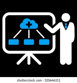 Health Care Report vector icon. Style is bicolor flat symbol, blue and white colors, rounded angles, black background.