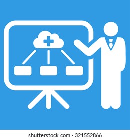 Health Care Report vector icon. Style is flat symbol, white color, rounded angles, blue background.