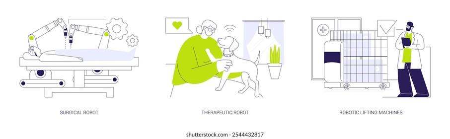 Conjunto de ilustração vetorial de conceito abstrato de robôs de assistência médica. Cirurgia assistida por robôs, uso terapêutico de robôs, máquinas robóticas de elevação, automação da saúde, metáfora abstrata de tecnologia inovadora.