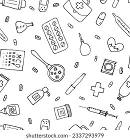 Health care seamless pattern. Hand drawn medicine elements. Pharmacy, medical background. Vector illustration