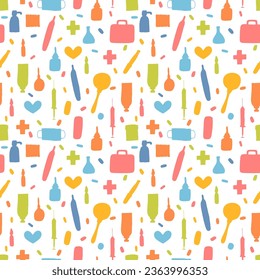 Health care seamless pattern. Hand drawn medicine elements. Pharmacy, medical background. Vector illustration