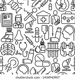 Health care seamless pattern with thin line icons related to hospital, clinic, laboratory. Vector illustration for conclusion, banner, web page.