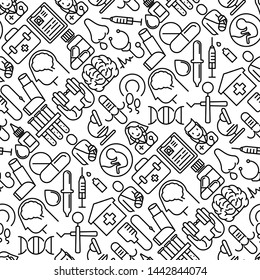 Health care seamless pattern with thin line icons related to hospital, clinic, laboratory. Vector illustration for conclusion, banner, web page.