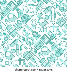 Health care seamless pattern with thin line icons related to hospital, clinic, laboratory. Vector illustration for conclusion, banner, web page.