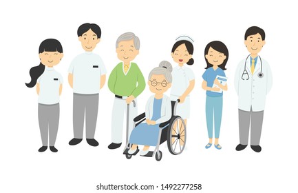 health care service for elderly, cartoon character design set