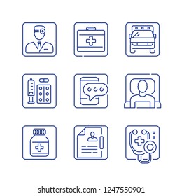 Health care service, first aid medicine, medical help, emergency ambulance, doctor attendance, stethoscope symbol, patient in bed, vector outline icon set