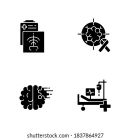 Health Care Services Black Glyph Icons Set On White Space. CT Scan. Intensive Care Unit. Cancer Treatment Center. X Rays Radiography. Asylum. Silhouette Symbols. Vector Isolated Illustration