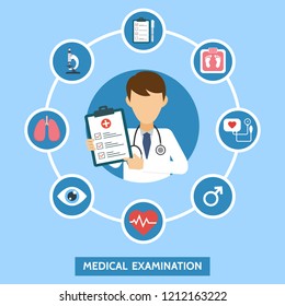 Health care services concept with infographics elements. Medical examination. Banner with doctor and medical tests. Online doctor diagnosis. Hospital equipment. Vector illustration.